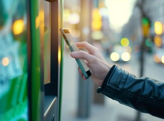 Close up of a young man's hands using a mobile phone to make a payment at an ATM machine in the city, in a closeup shot. Concept for digital travel and financial services.