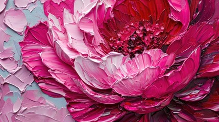 Painting on canvas of peony in fuchsia and natural colors