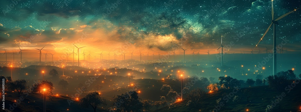 Aufkleber scene showcasing blockchain's applications in renewable energy, with peer-to-peer energy trading ena