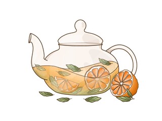 Glass teapot with mint orange hot tea. Line art illustration of hot drink. 