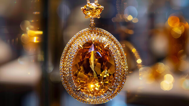 This image captures a brilliantly shining gold pendant with an amber gemstone, surrounded by sparkling diamonds