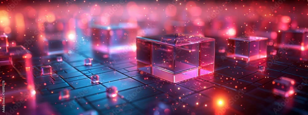 Poster scene showcasing the transparency of blockchain, with transparent blocks revealing transaction detai
