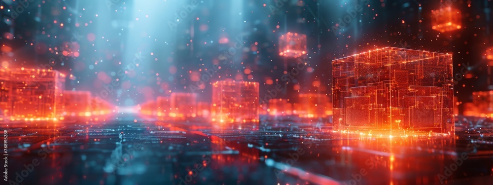 Poster scene showcasing the transparency of blockchain, with transparent blocks revealing transaction detai