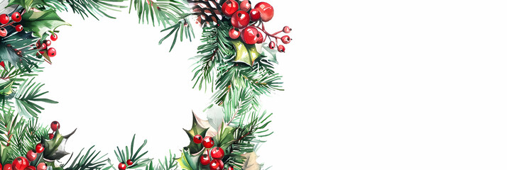 Watercolor Christmas holly and pine decoration.