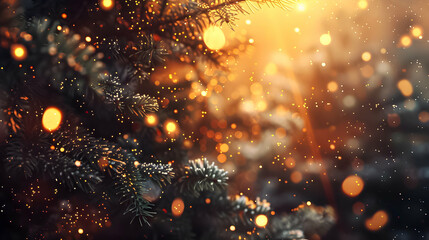 Close-up of a Christmas tree with lights. - obrazy, fototapety, plakaty