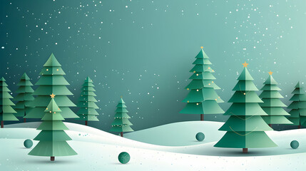 Obraz premium Paper art style Christmas trees with golden stars on a snowy landscape.