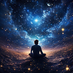 Fototapeta na wymiar A man floating in a sea of stars represents the connection between the individual and the universe