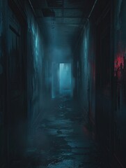 Capture the eerie atmosphere of a psychological thriller with a wide-angle shot of a dimly lit corridor, enhancing the feeling of suspense and mystery
