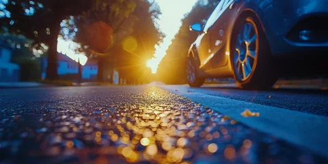 Foto op Canvas Golden hour journey with focus on car wheel igniting the path forward © rorozoa