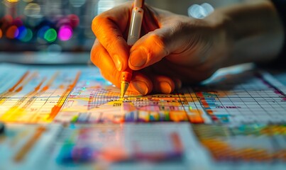 A hand meticulously crafting a chart illustrating the influence of sustainable technologies on developing economies - obrazy, fototapety, plakaty