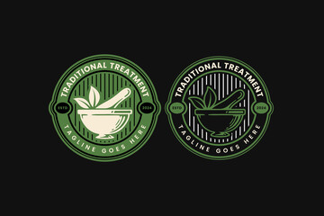 medicine mortar pounder badge logo design for cigarette and medical company business brand identity