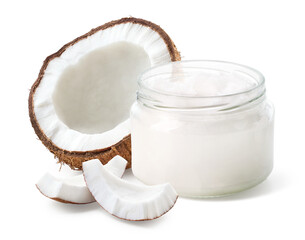 Glass jar of coconut oil and fresh coconut halve and pieces on white background - 768916418