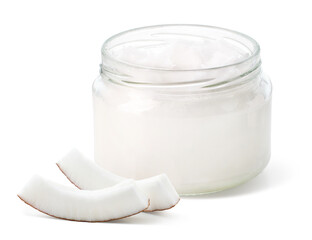 Glass jar of coconut oil and fresh coconut pieces on white background