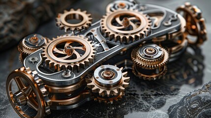Uncover the beauty and sophistication of precision gears through a high-angle lens Showcase the intricate designs and functions of the gears with an artistic touch, capturing attention and admiration