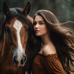 Fototapeta premium A stunning young woman with long, flowing hair stands gracefully next to a majestic horse, their bond evident in the way they mirror each other's movements