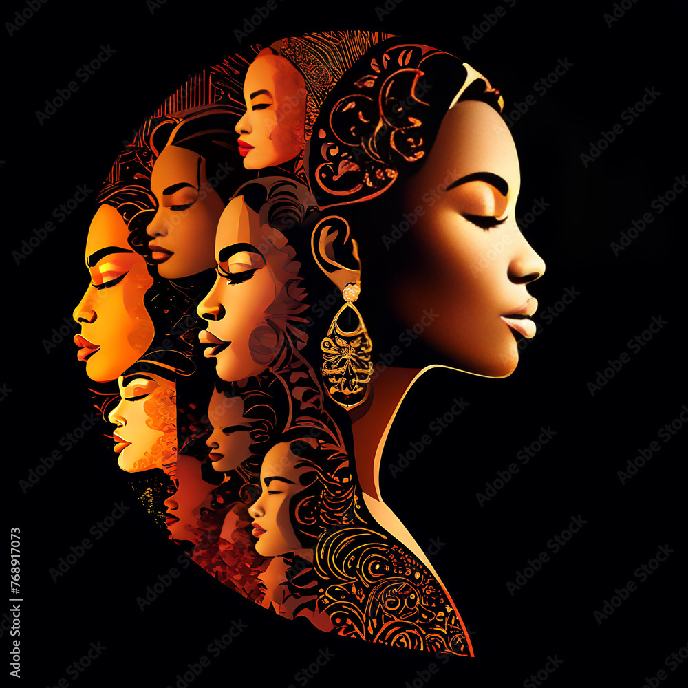 Wall mural featuring the silhouette of a woman's face in profile, surrounded by a diverse group of multicultura - Wall murals