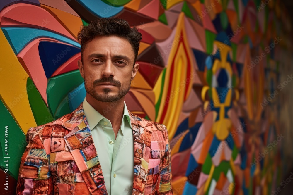 Poster man standing in front of colorful wall generative ai