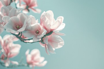 Closeup of pink and white flowers on a blue background