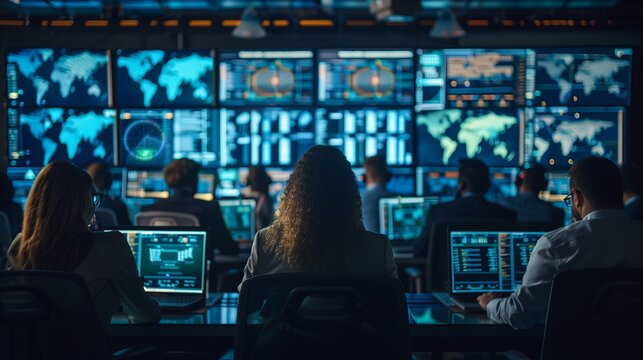 Computer monitors on the wall of a Cybersecurity Operations Center (SOC)