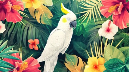 white bird in the middle of the colorful tropical plants - obrazy, fototapety, plakaty