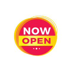 Now open red label icon for announcement, advertising, vector. Flat design template for banner.