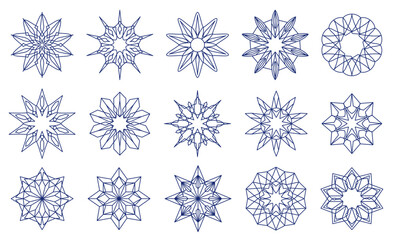 Shapes in the form of snowflakes or flowers in blue. Round shaped emblems. Geometric Christmas ornaments. Designer templates for invitations and holiday cards. Vector illustration.