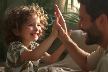 Happy cute child girl giving high five to father - obrazy, fototapety, plakaty