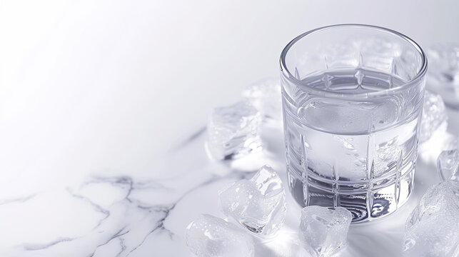 A glass of water with ice cubes on a marble countertop. Concept of refreshment and relaxation, as the cold water and ice cubes provide a cool and soothing sensation