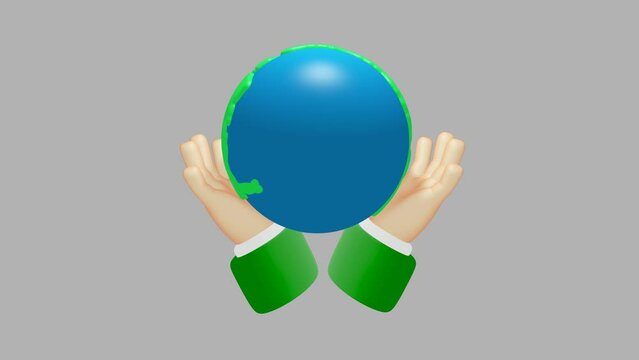 3D Rendering of hands holding the Earth icon concept of World Environment Day background, banner, card, poster. 3D Render illustration cartoon style, infinite loop background transparent video