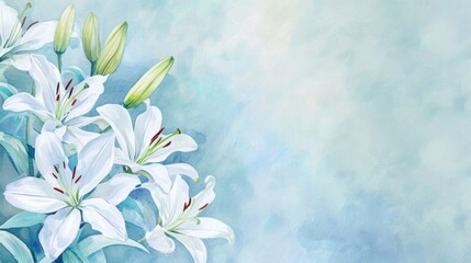 watercolor illustration border frame of white lily flower, clean light blue background, free copy space on the right - obrazy, fototapety, plakaty