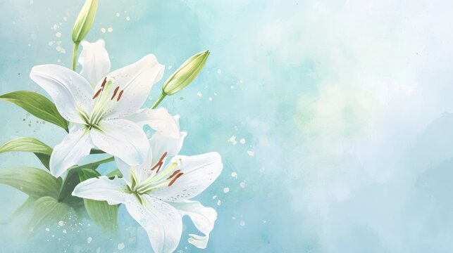 watercolor illustration border frame of white lily flower, clean light blue background, free copy space on the right