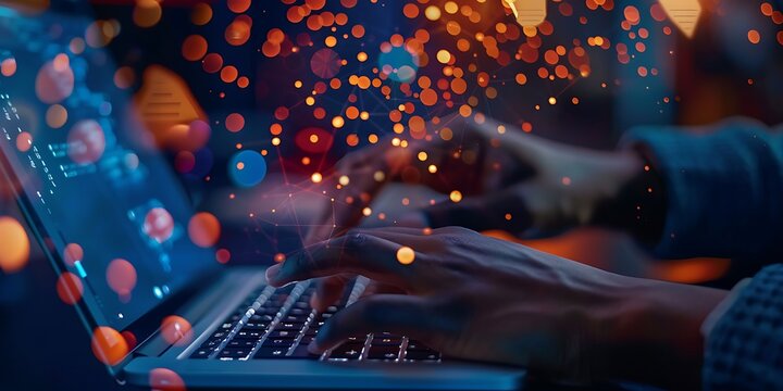 A freelancer's hands busy on a laptop, linked to a worldwide outsourcing hub, captured in a close-up shot