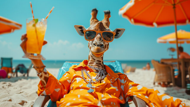 A giraffe is sitting on a beach chair and holding a drink. The scene is bright and cheerful, with the giraffe wearing sunglasses and a colorful outfit