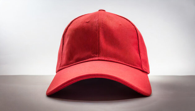 Close-up of red baseball cap mock-up, front view on table.