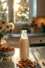 Organic almond milk in glass bottle with raw almonds, kitchen setting with copy space