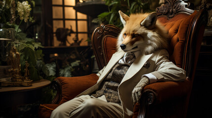 A fox is sitting in a chair wearing a suit and tie. The image has a whimsical and playful mood, as the fox is dressed in formal attire and he is posing for a photo - obrazy, fototapety, plakaty