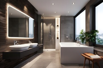 Contemporary bathroom interior with walk-in shower and freestanding tub, double vanity, LED lighting, natural materials