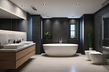 Contemporary bathroom interior with double vanity and freestanding tub, bidet toilet, dark wall, LED lighting, natural materials, indoor plants