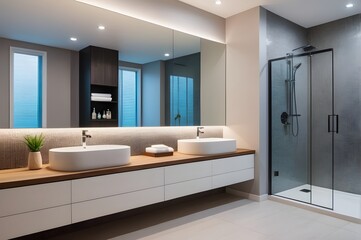 Modern bathroom interior with walk-in shower and double vanity, natural materials, big mirror, LED lighting, indoor plant