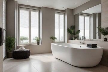 Contemporary bathroom interior with freestanding tub, big mirror, windows, round bathroom stool, lighting, natural materials, indoor plants, negative space