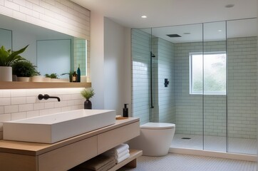 Modern bathroom interior with walk-in shower, vanity, and toilet, natural materials, big mirror, LED lighting, black faucet, indoor plants