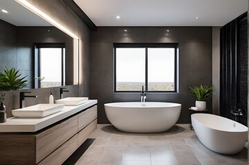 Contemporary bathroom interior with double vanity and two freestanding tubs, dark walls, windows, big mirror, LED lighting, natural materials, indoor plants, negative space