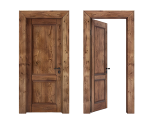 Two brown wooden doors, one closed and one open, cut out