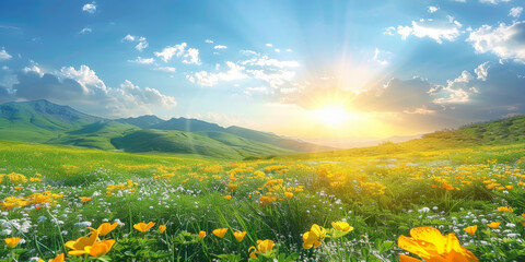 Obraz premium A bright sun shines on the green grass, yellow wildflowers of daisies blooming on blue sky background.A beautiful spring summer meadow..banner