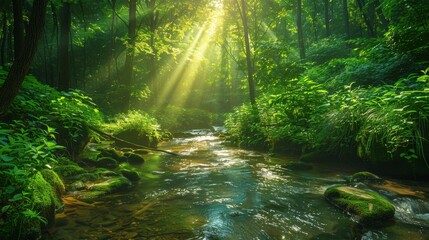 Mystical Morning Light Filtering Through Verdant Forest Canopy Along a Rocky Stream - obrazy, fototapety, plakaty