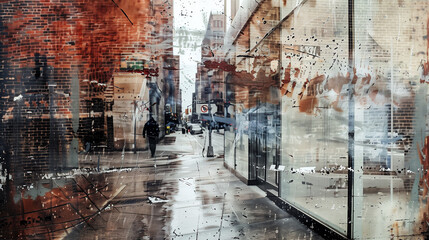 Urban scene reflected on glass with raindrops, showing pedestrians and cityscape.