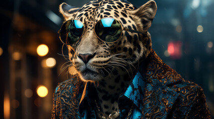 A leopard wearing sunglasses and a suit. The leopard is wearing sunglasses and a suit, giving it a cool and stylish appearance - obrazy, fototapety, plakaty