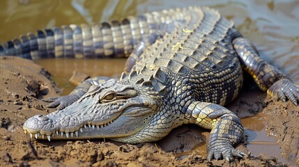 Fototapeta premium A diseased crocodile basking on the riverbank, its normally sleek scales now marred by lesions and discoloration. Despite its fearsome reputation