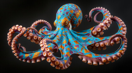 A colorful octopus with blue and orange spots. The octopus is surrounded by a black background