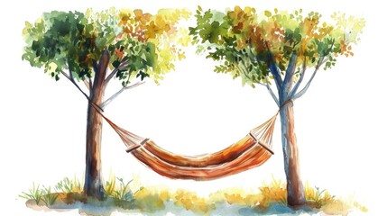 hammock watercolor illustration, hang beetween two trees, isolated on white background